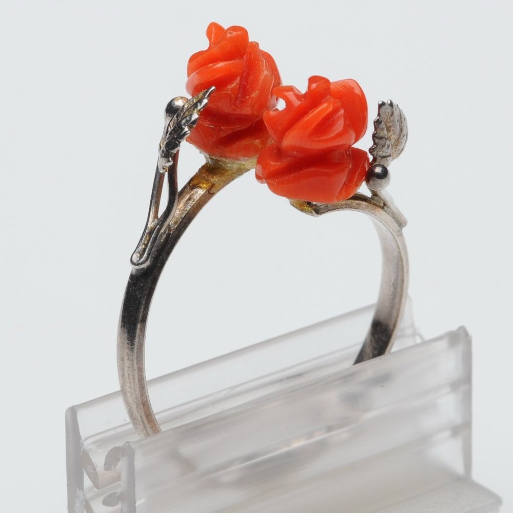 European Silver and Coral Ring-Antique-size 8+
